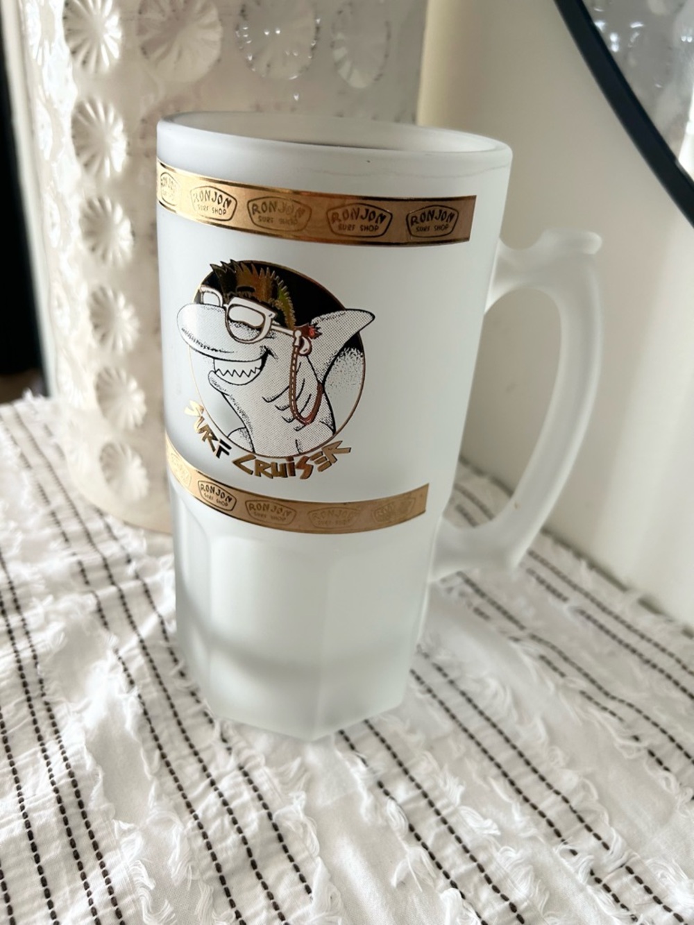 Vintage 1989 Ron Jon Surf Shop Frosted Glass Mug Shark Graphic Cocoa Beach